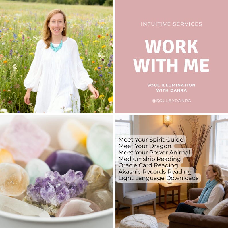 The image is a collage of four photos. In the top left photo, a woman is standing in a field of flowers, smiling. In the top right photo, a woman is sitting in a chair, looking at a crystal. In the bottom left photo, a crystal is displayed in a bowl. In the bottom right photo, a woman is sitting on a couch, looking at a crystal.