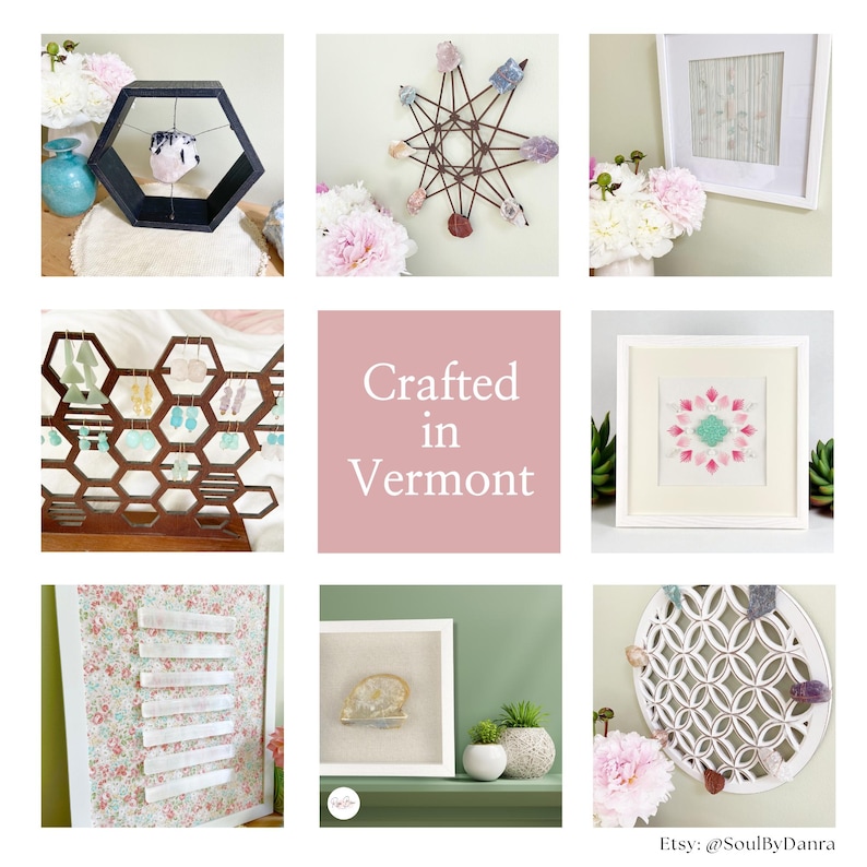 The image is a collage of nine different items, including a hexagonal sculpture, a star-shaped decoration, a framed picture, a floral pattern, a white frame, a framed picture, a white and green plant, a white and green plant, and a white and green plant. The text "Crafted in Vermont" is displayed in the center of the collage.