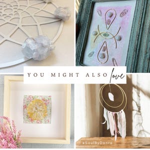 The image is a collage of four different artworks, including a dreamcatcher, a crystal, a floral print, and a dreamcatcher with feathers.