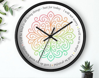 Reiki Wall Clock: Usui 5 Precepts Design (Wood Frame, Silent Mechanism)