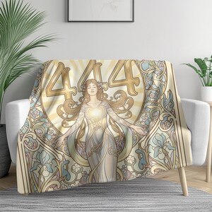 Angel Number 444 Plush Blanket, Art Nouveau Goddess Design (60x80 inches) image 12