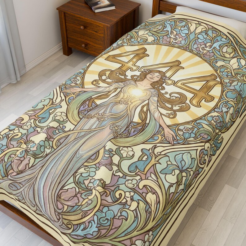 Angel Number 444 Plush Blanket, Art Nouveau Goddess Design (60x80 inches) image 2