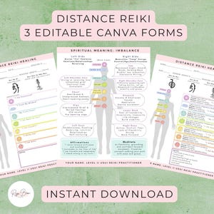 May include: Three editable Canva forms for Distance Reiki healing. The forms feature a diagram of the human body with chakra points and spiritual meaning details. Text includes "Instant Download" and "Distance Reiki".