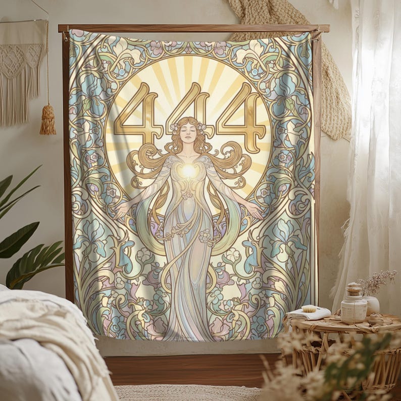 Angel Number 444 Plush Blanket, Art Nouveau Goddess Design (60x80 inches) image 1