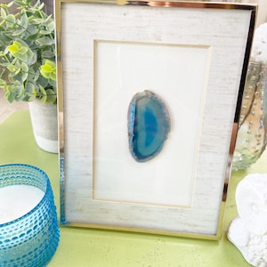 Framed Blue Agate Slice Gift for Crystal Lover, Boho Spiritual Home Decor, Rose Gold Frame