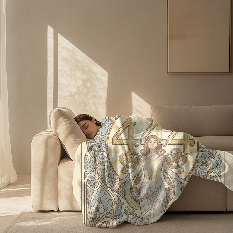 Angel Number 444 Plush Blanket, Art Nouveau Goddess Design (60x80 inches) image 9