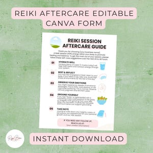 Reiki Practitioner Gift Aftercare Sheet for Spiritual Office (Editable Canva Template, 8.5x11")