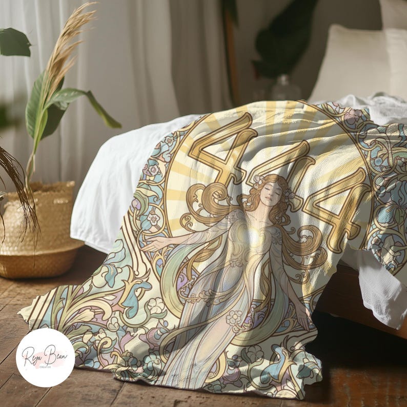 Angel Number 444 Plush Blanket, Art Nouveau Goddess Design (60x80 inches) image 8