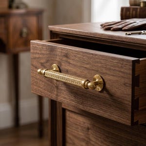 Könnte beinhalten: Eine dunkelbraune Holzschublade mit einem horizontalen Messinggriff, der eine texturierte, gemusterte Mitte und glatte, abgerundete Enden aufweist. Die Schubladenfront zeigt eine sichtbare Holzmaserung und eine Schwalbenschwanzverbindung.