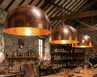 Hammered Copper Dome Pendant Light, Moroccan Hanging Lamp, Boho Home Decor