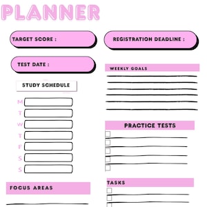 Può includere: Un pianificatore di studio LSAT bianco con accenti rosa. Il pianificatore include sezioni per il punteggio target, la data del test, la scadenza di registrazione, il programma di studio, gli obiettivi settimanali, i test pratici, i compiti e le aree di interesse. Il testo "LSAT STUDY PLANNER" è in alto.