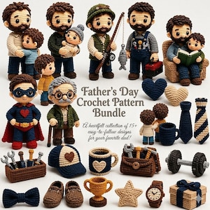 Pode incluir: Uma coleção de figuras e acessórios de crochê, incluindo bonecos, uma vara de pescar, uma caixa de ferramentas, um troféu, um relógio e um presente. O texto diz Father's Day Crochet Pattern Bundle. A heartfelt collection of 15+ easy-to-follow designs for your favorite dad!