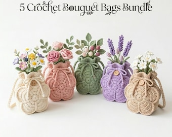 5 Crochet Bouquet Bag Patterns Bundle | Rose, Lavender & Daisy Bag Pattern Set | instant download |