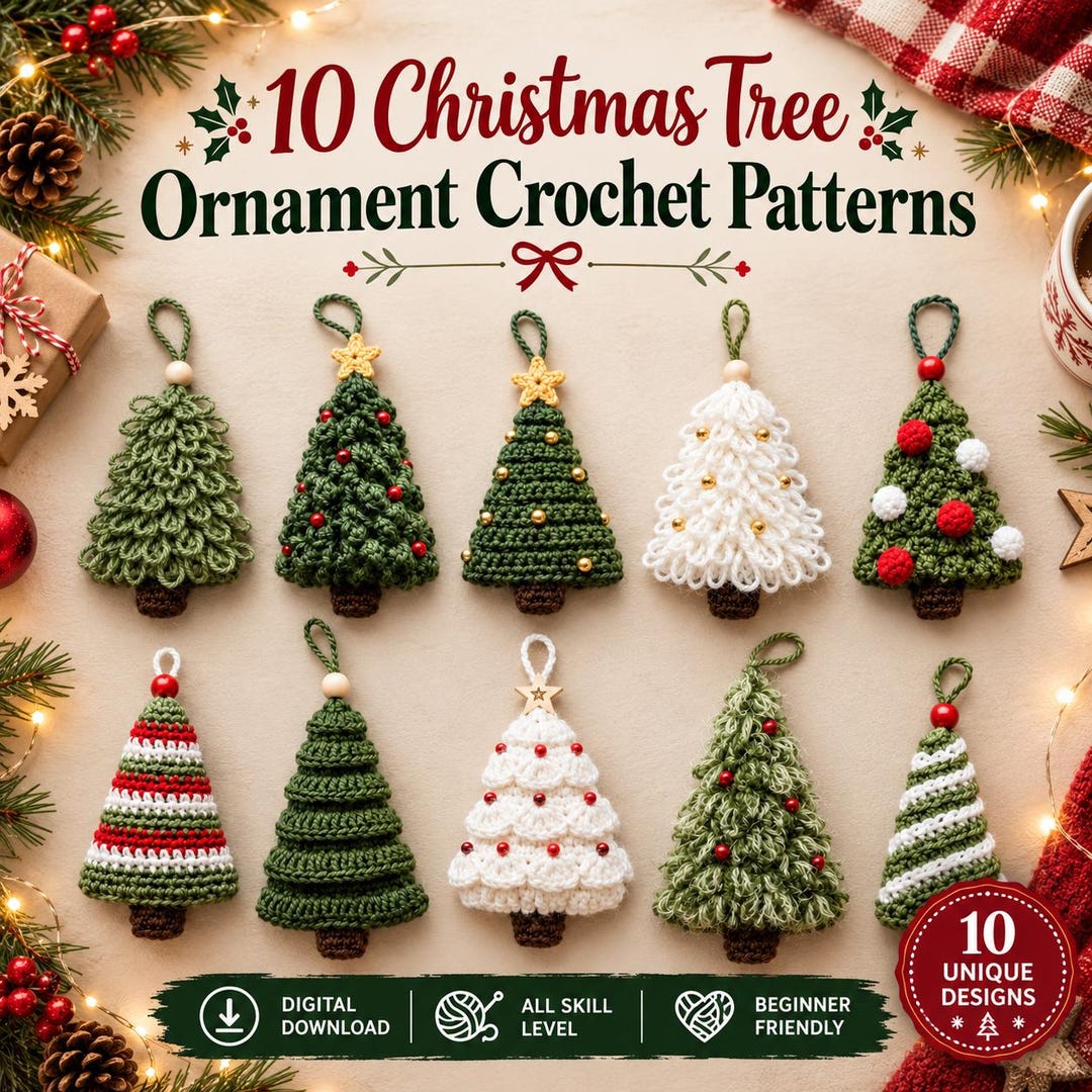 10 Christmas Tree Crochet Ornament Patterns Bundle, Holiday Decor, DIY