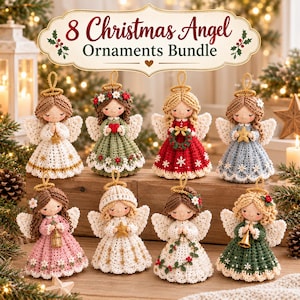May include: A bundle of 8 crocheted Christmas angel ornaments with varied hair colors and dresses in red, green, white, blue, and pink. Each angel features a gold halo, white wings, and festive details like stars, wreaths, and flowers. Text reads: 8 Christmas Angel Ornaments Bundle.
