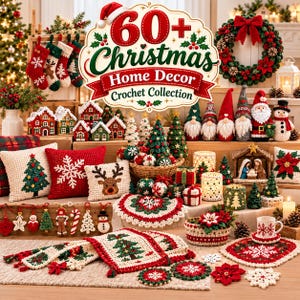 May include: A collection of crocheted Christmas home decor items including stockings, pillows with tree and snowflake motifs, gnomes, a snowman, ornaments, a wreath, and table linens, all featuring red, green, and white festive patterns.