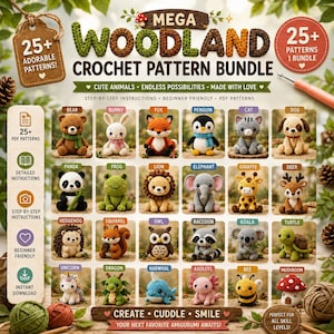 Puede incluir: Un folleto digital para un paquete de patrones de ganchillo Mega Woodland que presenta 25 diseños amigurumi, incluyendo un oso, conejo, zorro, pingüino, gato, perro, panda, rana, león, elefante, jirafa, ciervo, erizo, ardilla, búho, mapache, koala, tortuga, unicornio, dragón, narval, ajolote, abeja y seta.