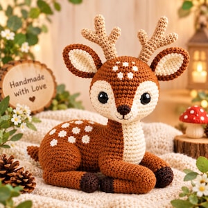 Può includere: Un peluche a forma di cervo realizzato all'uncinetto con corpo marrone a macchie bianche, petto e muso color crema, zoccoli marrone scuro e grandi corna. Il cervo ha occhi di sicurezza neri e un naso ricamato, in posizione seduta.