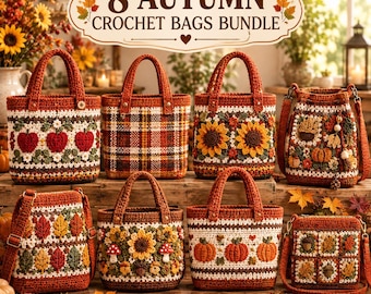 Könnte beinhalten: Eine Sammlung von acht gehäkelten Taschen mit herbstlichen Motiven wie Äpfeln, Karomustern, Sonnenblumen, Kürbissen, Pilzen und Blättern. Der Text 8 AUTUMN CROCHET BAGS BUNDLE ist oben in einem dekorativen Rahmen abgebildet.