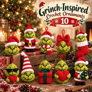 Grinch-Inspired Crochet Ornament Pattern Bundle, 10 Christmas Ornaments, Amigurumi Holiday Decor,