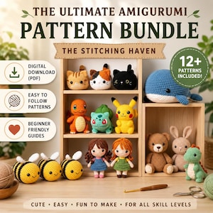Puede incluir: Un paquete de patrones digitales titulado The Ultimate Amigurumi Pattern Bundle de The Stitching Haven. La imagen muestra varias figuras amigurumi de ganchillo, incluyendo abejas, muñecas, un oso, un conejo y un dinosaurio en estantes.