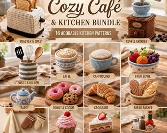 Set di modelli per realizzare un accogliente caffè e una cucina all'uncinetto / 16 modelli amigurumi di cibo e cucina in formato PDF