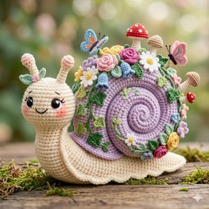 Pode incluir: Um caracol de crochê na cor creme com uma grande concha espiral lavanda. A concha é decorada com várias flores de crochê, folhas de hera verdes, pequenos cogumelos e duas borboletas. O caracol tem um rosto sorridente com bochechas rosadas.