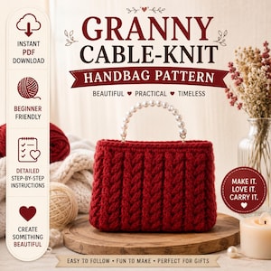 May include: A digital pattern for a deep red cable-knit handbag featuring a white pearl bead handle. The text reads: GRANNY CABLE-KNIT HANDBAG PATTERN, INSTANT PDF DOWNLOAD, BEGINNER FRIENDLY, DETAILED STEP-BY-STEP INSTRUCTIONS, MAKE IT. LOVE IT. CARRY IT.