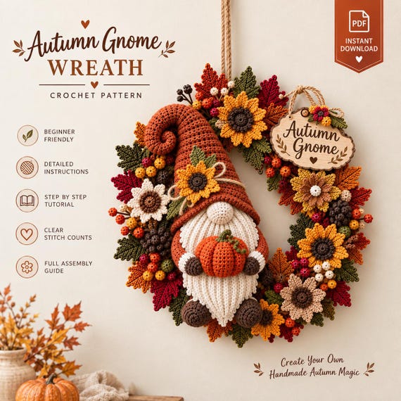 Autumn Gnome Wreath Crochet Pattern, Fall Gnome Door Decor, Pumpkin PDF,