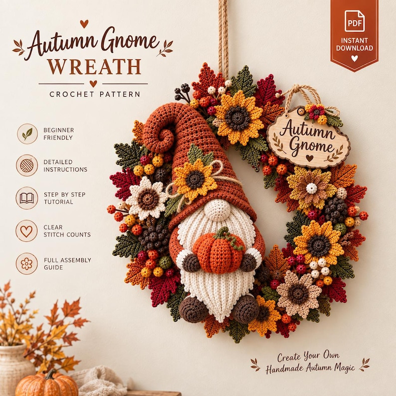 K&ouml;nnte beinhalten: Eine H&auml;kelanleitung f&uuml;r einen Herbst-Gnom-Kranz mit dem Text Autumn Gnome Wreath Crochet Pattern. Der Kranz ist mit geh&auml;kelten Sonnenblumen, Herbstbl&auml;ttern, Beeren und einem Gnom, der einen kleinen orangefarbenen K&uuml;rbis h&auml;lt, verziert.