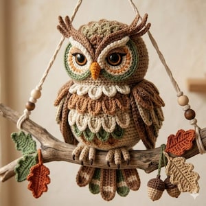 Op de afbeelding: Een gehaakt uilenfiguur van bruin, beige en groen garen, met grote donkere ogen en een gele snavel. De uil zit op een natuurlijke houten tak die hangt aan een koord met houten kralen, versierd met gehaakte bladeren en eikeltjes.