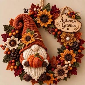 K&ouml;nnte beinhalten: Ein runder Kranz mit einem geh&auml;kelten Gnom, der einen kleinen orangefarbenen K&uuml;rbis h&auml;lt. Der Gnom tr&auml;gt eine hohe rostfarbene M&uuml;tze mit einer Sonnenblume. Der Kranz ist mit geh&auml;kelten Herbstbl&auml;ttern, Sonnenblumen, Beeren und einem Holzschild mit der Aufschrift Autumn Gnome verziert.