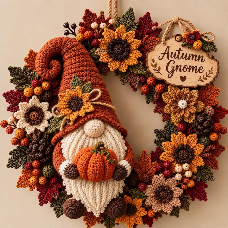 K&ouml;nnte beinhalten: Ein runder Kranz mit einem geh&auml;kelten Gnom, der einen kleinen orangefarbenen K&uuml;rbis h&auml;lt. Der Gnom tr&auml;gt eine hohe rostfarbene M&uuml;tze mit einer Sonnenblume. Der Kranz ist mit geh&auml;kelten Herbstbl&auml;ttern, Sonnenblumen, Beeren und einem Holzschild mit der Aufschrift Autumn Gnome verziert.