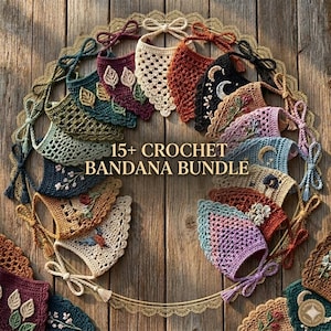 May include: A collection of 15+ crochet bandanas arranged in a circular pattern, featuring various colours, textures, and embroidered designs like leaves, flowers, and celestial motifs. Each triangular bandana includes tie strings.