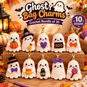 May include: A set of ten cream-colored crochet ghost bag charms with gold-tone lobster clasps. Each ghost features a unique accessory including a pumpkin, witch hat, purple heart, BOO sign, orange bow, top hat, candy corn, lantern, bow, and lollipop.