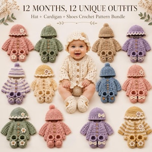 May include: A crochet pattern bundle titled 12 MONTHS, 12 UNIQUE OUTFITS Hat + Cardigan + Shoes Crochet Pattern Bundle, featuring twelve sets of baby clothing including hats, cardigans, and shoes in various colours like pink, green, beige, and purple.