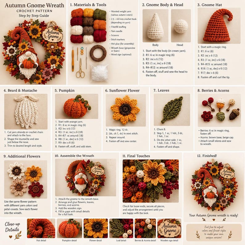 K&ouml;nnte beinhalten: Eine H&auml;kelanleitung f&uuml;r einen Herbst-Gnom-Kranz mit Schritt-f&uuml;r-Schritt-Anleitungen, Materiallisten und Bildern einzelner Komponenten wie Gnom, K&uuml;rbis, Sonnenblume, Bl&auml;ttern, Beeren und Eicheln in warmen, herbstlichen Farben.