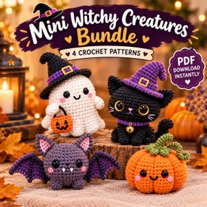 May include: A digital graphic featuring four crocheted figures: a white ghost with a black witch hat and orange pumpkin bucket, a black cat with a purple witch hat and bell collar, a purple bat, and an orange pumpkin with a green stem.