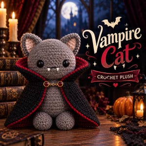 May include: A gray crochet cat plush wearing a black cape with a red lining and a gold clasp with red gems. The cat has two small white fangs and black eyes. The text Vampire Cat CROCHET PLUSH is displayed in white and red lettering.