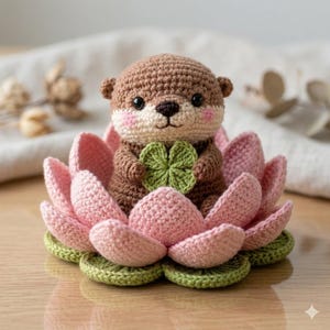 Gehaakte otter in amigurumi-patroon met lotusbloem | Otter met klavertje pluche pdf