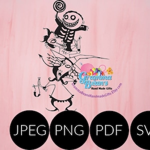 Pode incluir: Ilustração a preto e branco de personagens de um filme de animação popular, empilhadas umas sobre as outras, sobre um fundo rosa. A imagem inclui o texto "JPEG PNG PDF SVG" em círculos pretos.