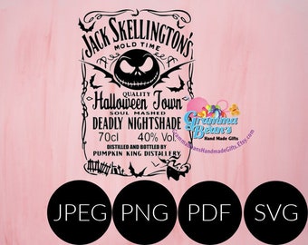 May include: Black and white digital design featuring Jack Skellington from the Nightmare Before Christmas movie. The design is styled as a vintage liquor bottle label with the text "Jack Skellington's Halloween Town Soul Mashed Deadly Nightshade 70cl 40% Vol. Distilled and Bottled by Pumpkin King Distillery".
