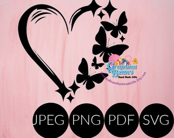 May include: Black heart design with butterflies and starbursts on a pink background. The heart is outlined with a stylized design. The image includes the text "JPEG PNG PDF SVG" in black circles.