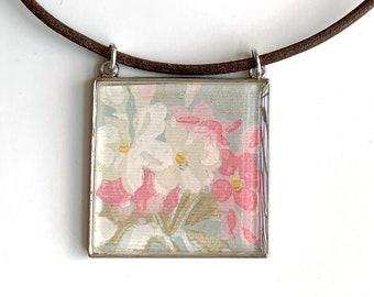 Large Square Pendant Necklace Handcrafted with Original 1930s Floral Wallpaper