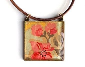 Large Square Floral Pendant Necklace made with Original Wallpaper from the 1930s