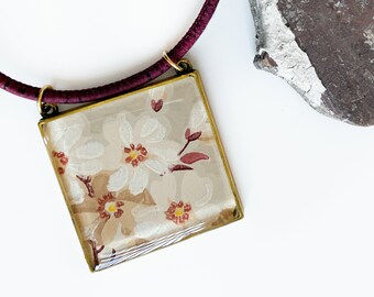 Statement Necklace with Square Pendant featuring Original 1940s Floral Wallpaper