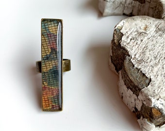 Statement Ring made with Original Wallpaper from the 1900s, Long Rectangle with Wide Adjustable Band