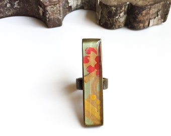 Statement Ring made with Original Wallpaper from the 1930s, Long Rectangle with Wide Adjustable Band