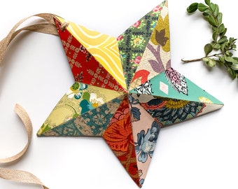 Colorful Hanging Star Decoration made with Antique and Vintage Wallpapers, Decoupage Collage of Ten Original Papers from the 1900s-1970s