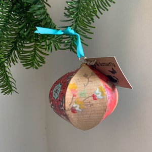 Handcrafted Ornament Decoupaged with Red and Green Original Antique and Vintage Wallpapers image 8